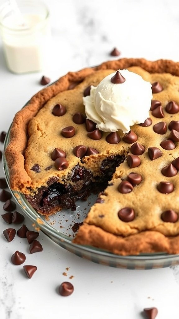 A delicious chocolate chip cookie pie topped with chocolate chips and a scoop of ice cream.
