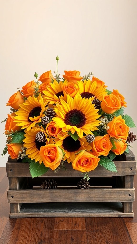 A rustic flower centerpiece featuring sunflowers, orange roses, and pinecones in a wooden crate.