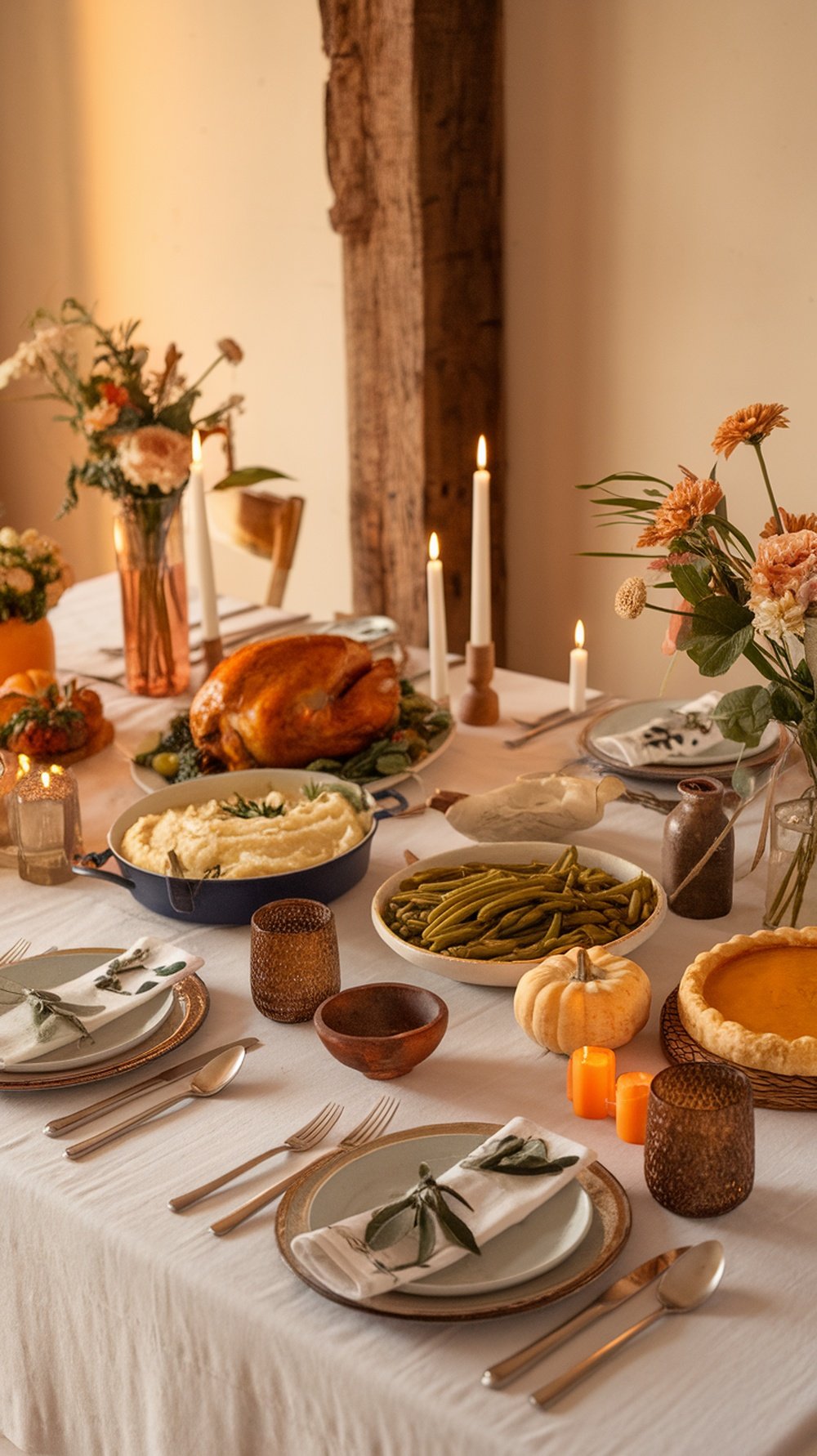 A beautifully set Thanksgiving table featuring a turkey, side dishes, candles, and floral arrangements.
