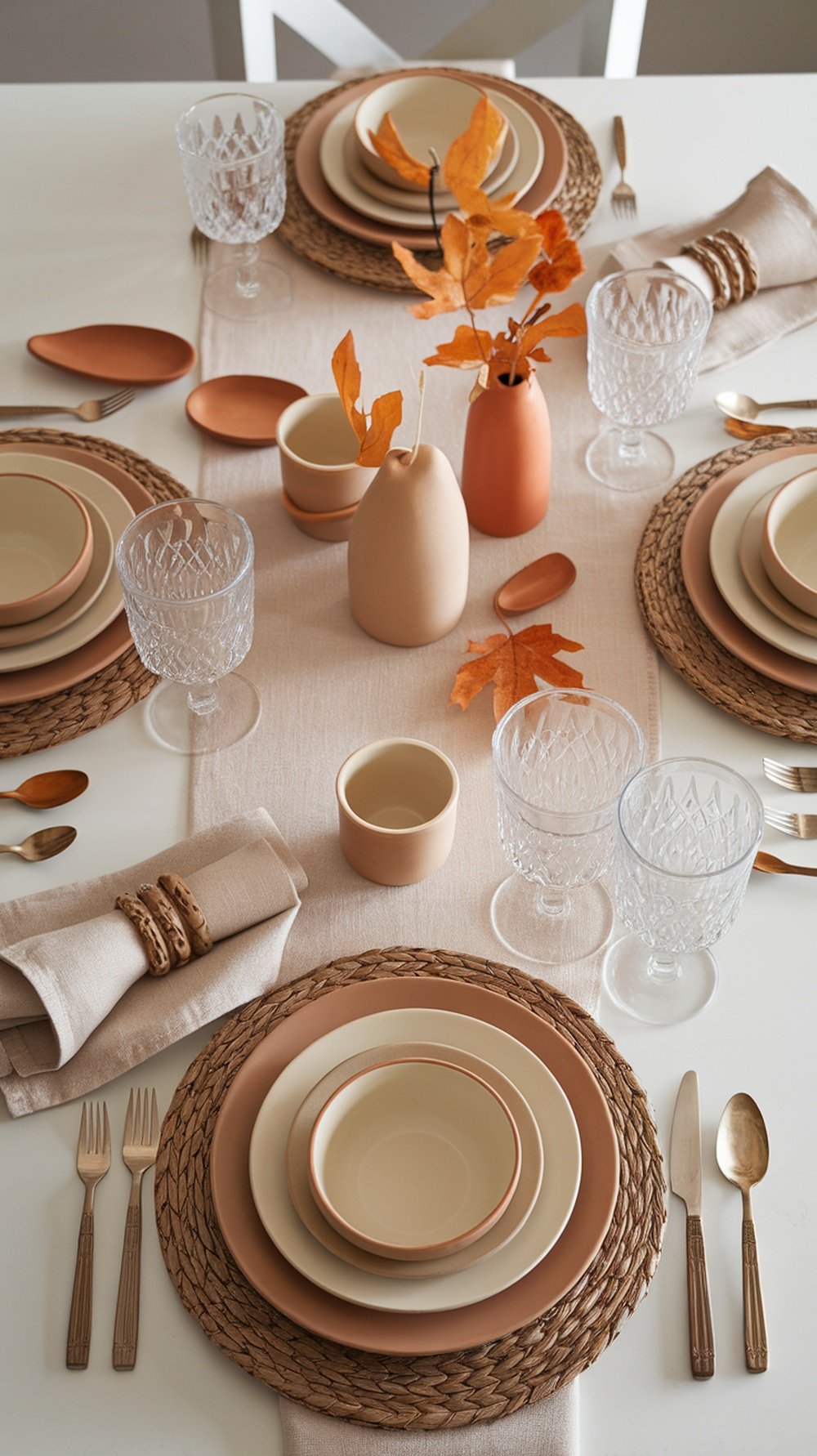 A beautifully set Thanksgiving table with earthy dinnerware and elegant glassware.