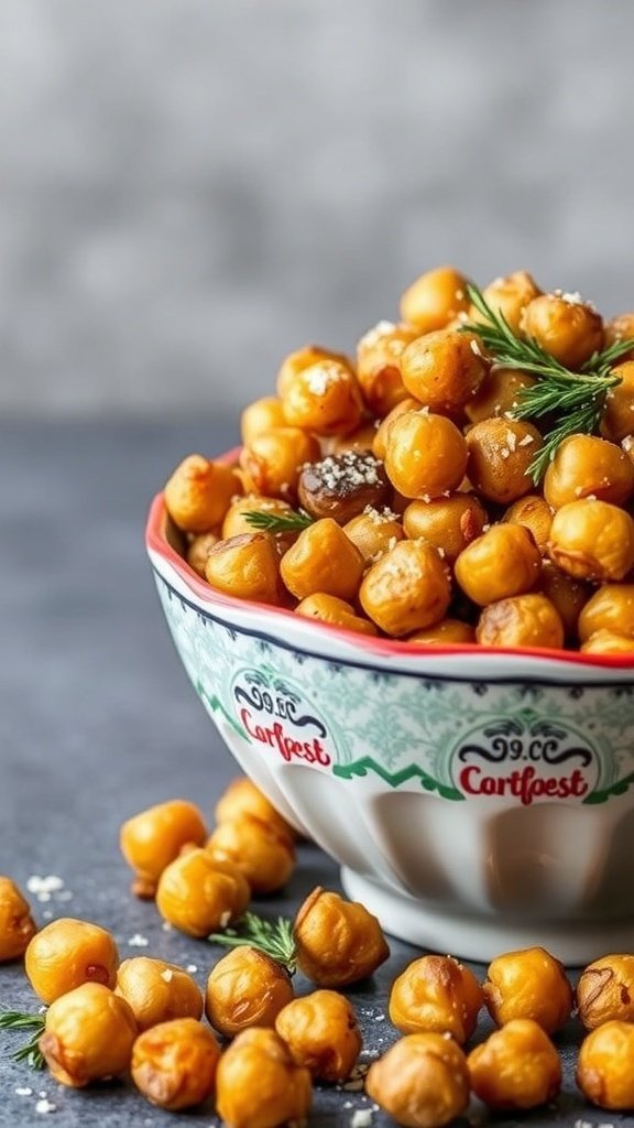A bowl of garlic parmesan roasted chickpeas, garnished with herbs.