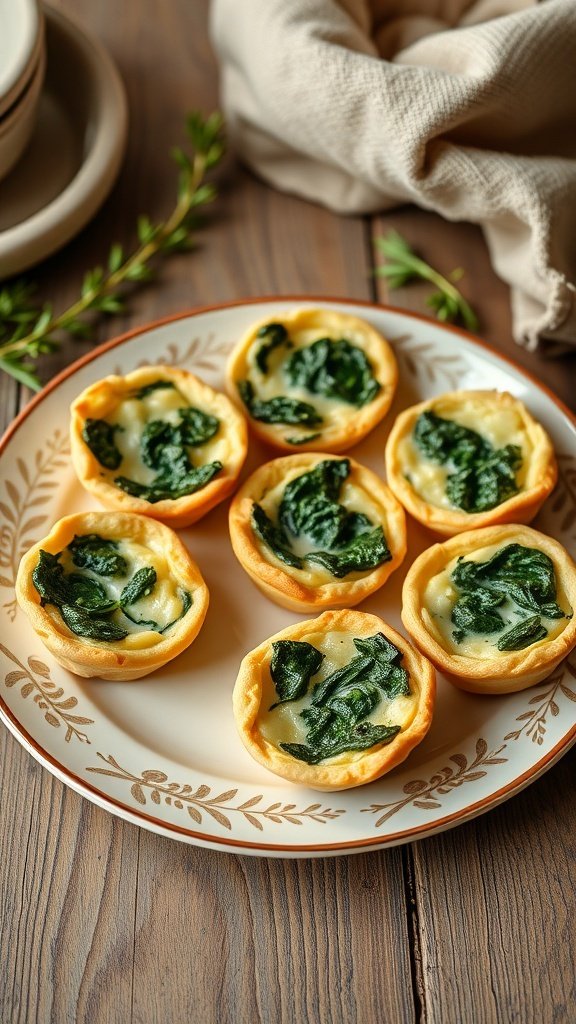 A plate of mini quiches filled with spinach and cheese.