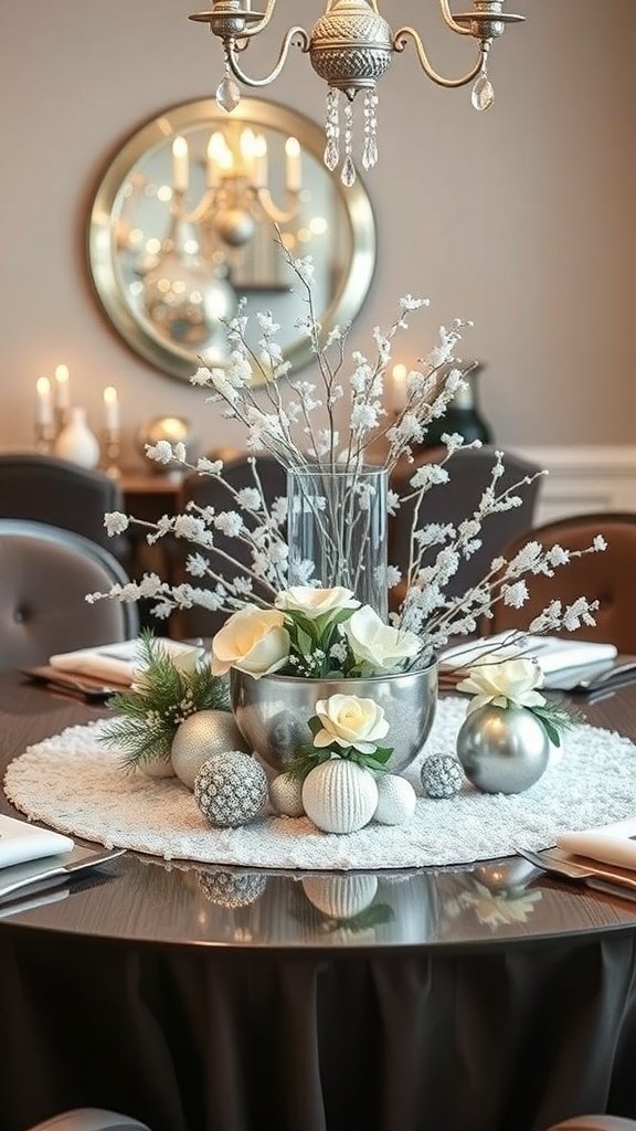 A winter-themed centerpiece featuring silver ornaments, white flowers, and frosted branches on a dining table.