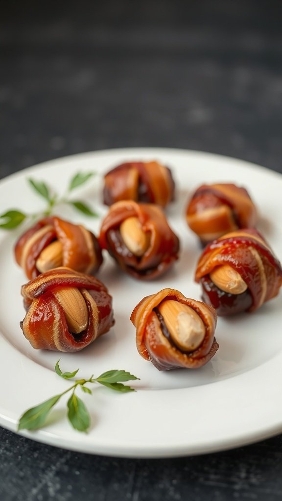 A plate of bacon-wrapped dates stuffed with almonds, garnished with herbs.