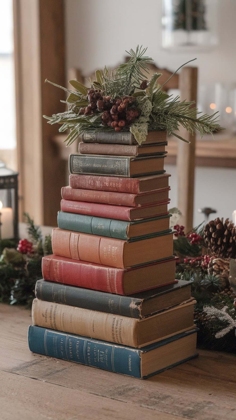 A stack of vintage books topped with evergreen, set against a festive background.