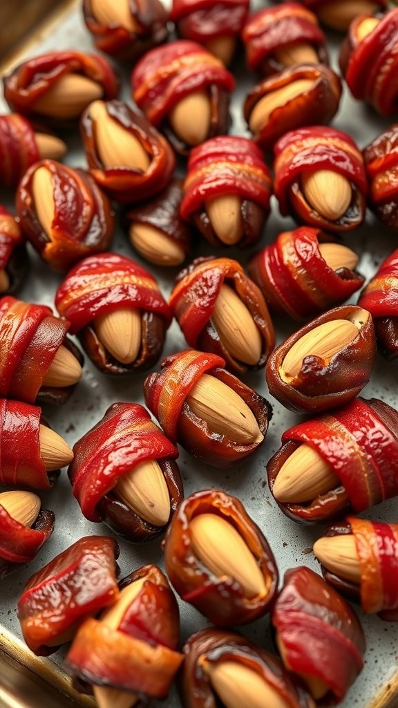 Bacon-wrapped dates stuffed with almonds on a baking tray.