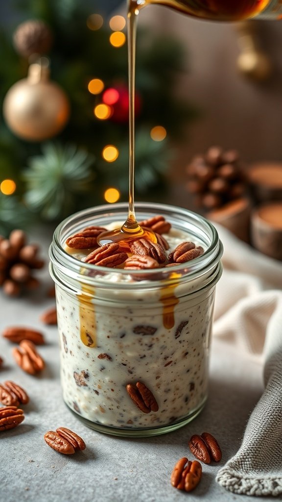 A jar of maple pecan overnight oats topped with pecans and syrup, with a festive background.