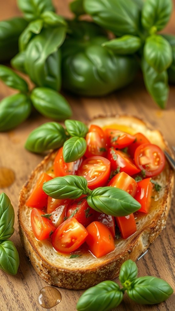 Bruschetta topped with diced tomatoes and basil on a wooden surface