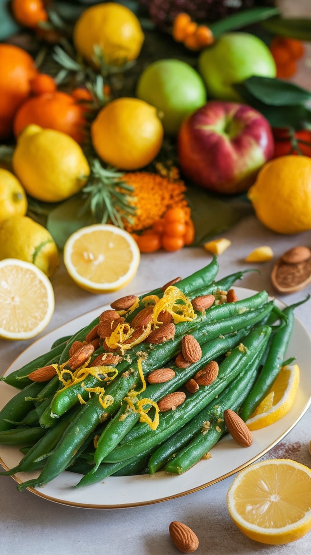 A plate of green bean almondine with lemon zest and sliced almonds, garnished with lemon slices.