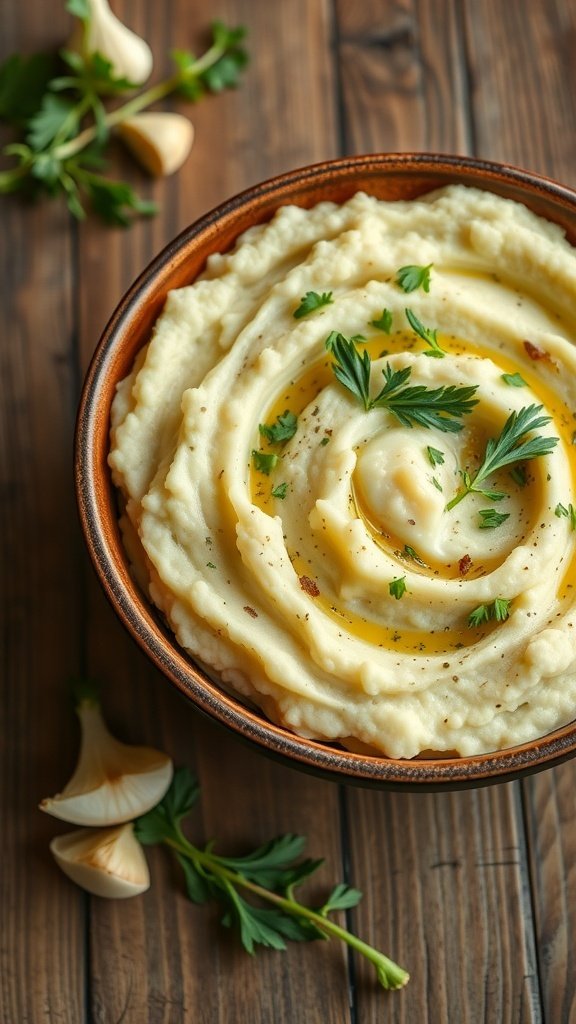 A bowl of creamy cauliflower mash topped with herbs and garlic.