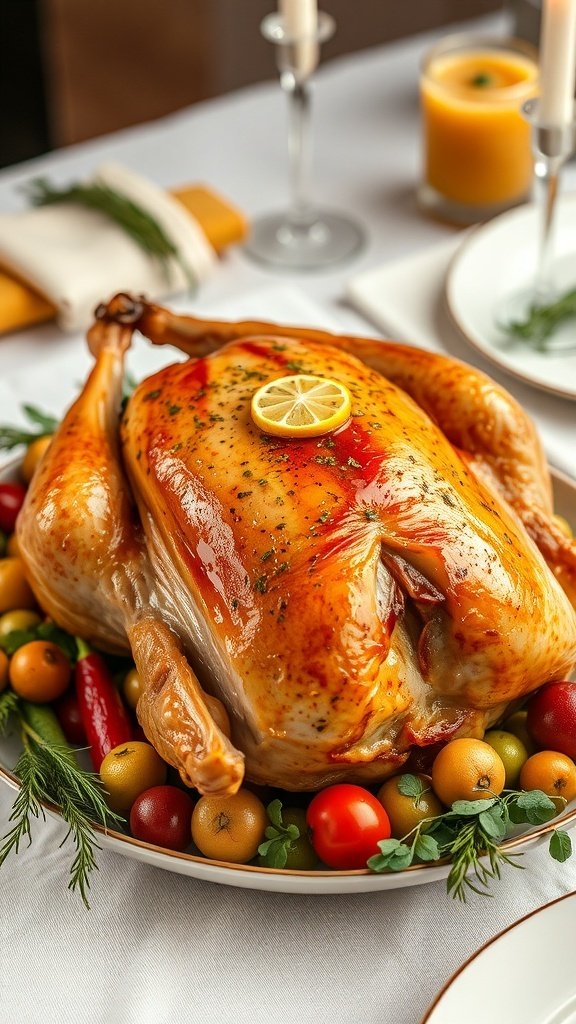 A beautifully roasted turkey garnished with lemon and herbs, served on a festive table.