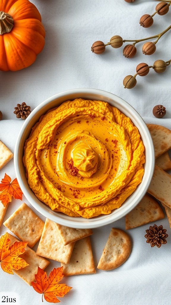 A bowl of pumpkin hummus surrounded by pita chips and autumn leaves.