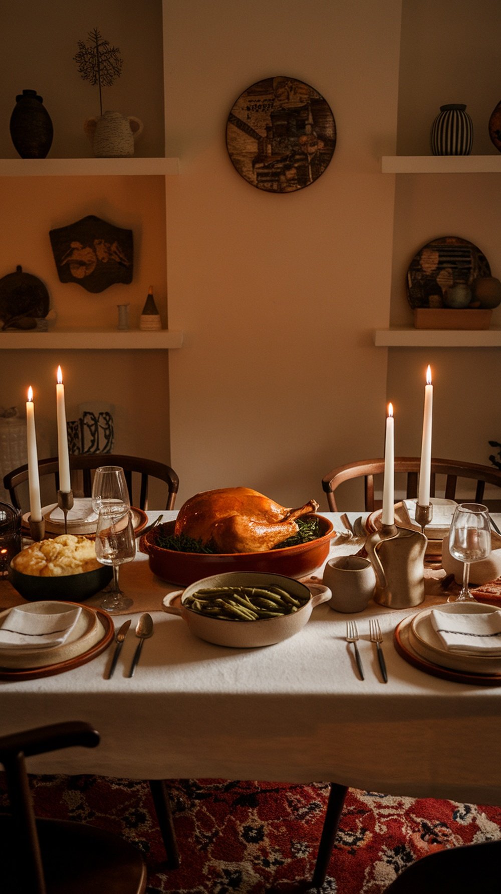 Thanksgiving table setting with warm lighting and candles.