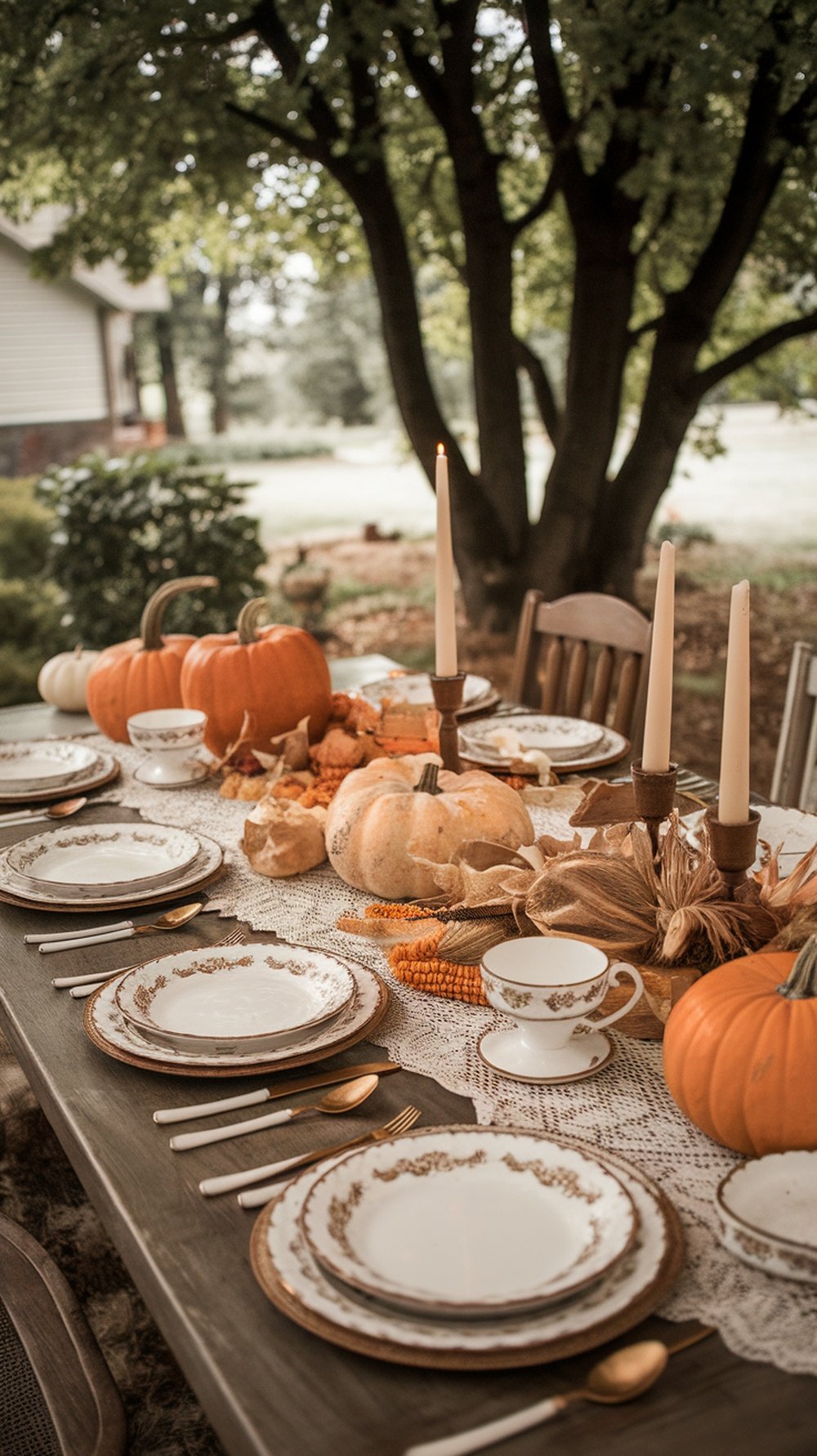 A beautifully set Thanksgiving table with vintage china, pumpkins, and a lace table runner.