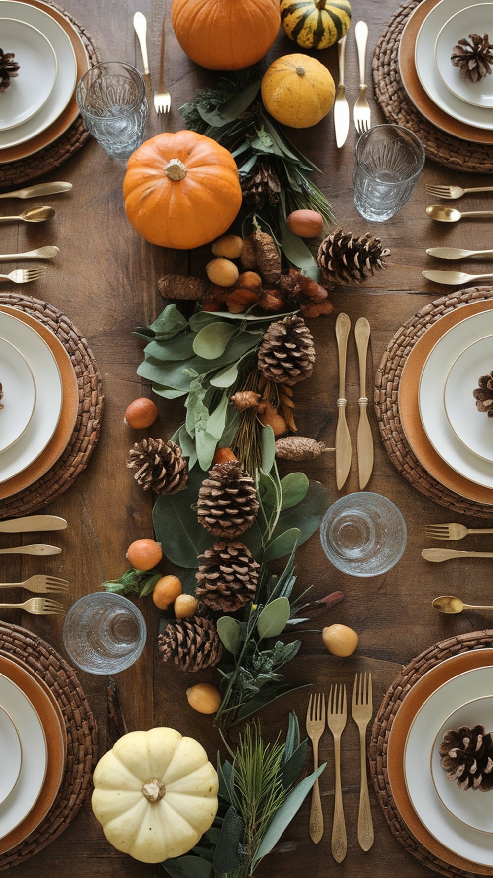 Thanksgiving table setting with pumpkins, pinecones, and greenery.