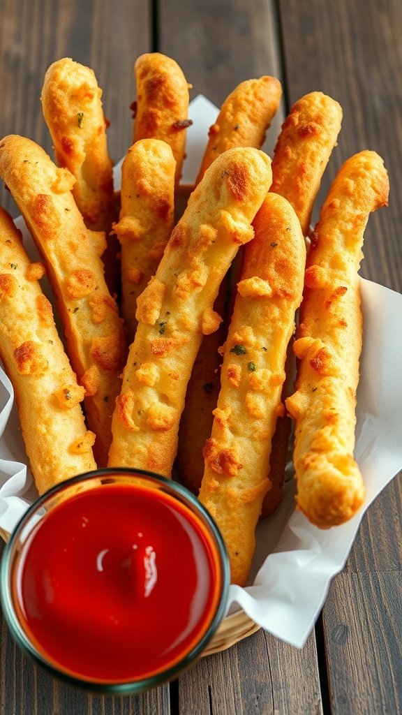 A basket of cheesy garlic breadsticks with a side of marinara sauce.