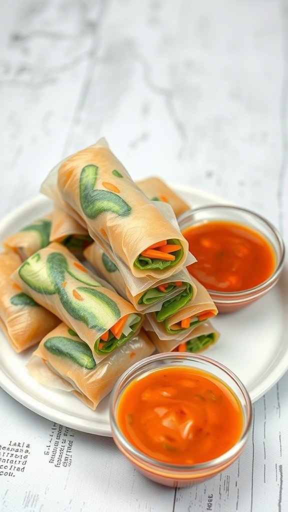 Plate of vegetable spring rolls with sweet chili sauce