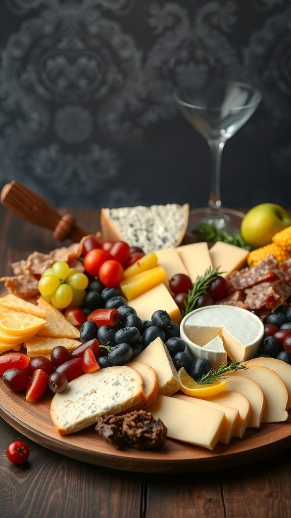 A beautifully arranged cheese and charcuterie board with assorted cheeses, meats, fruits, and nuts.