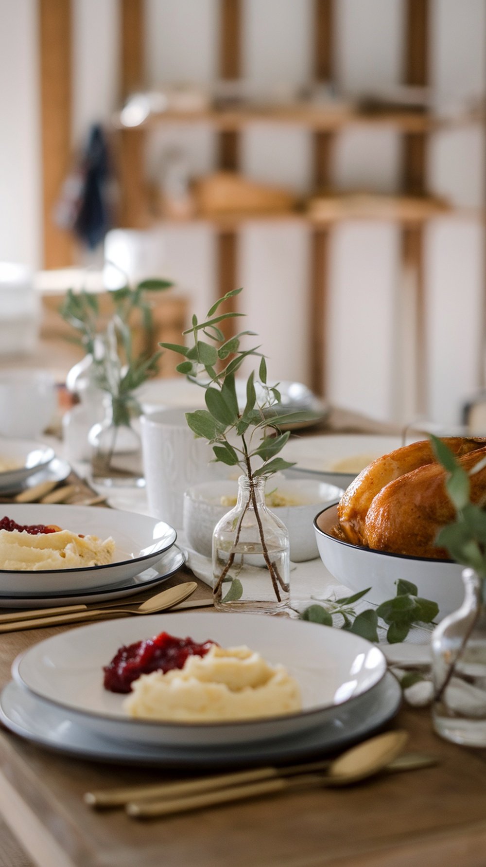 A minimalist Thanksgiving table setting with plates of food, greenery, and elegant utensils.