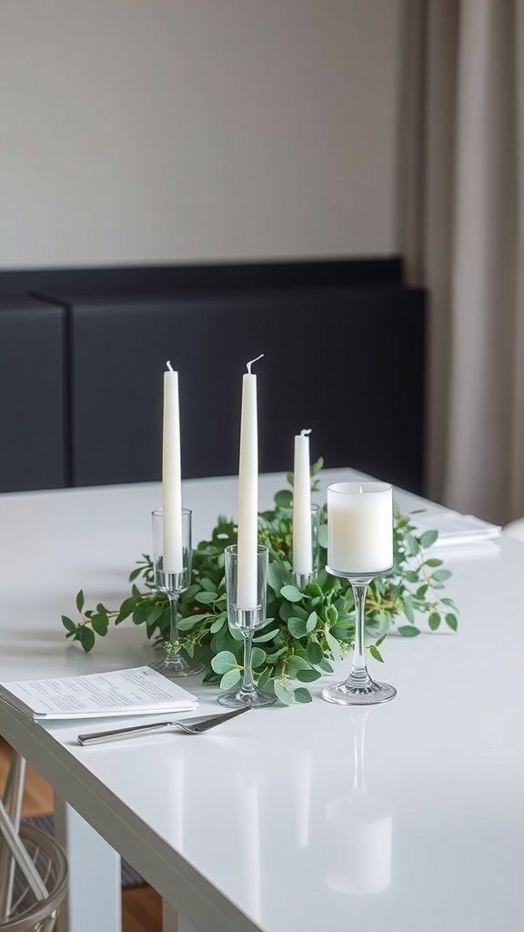 Minimalist centerpiece with greenery and candles on a table.