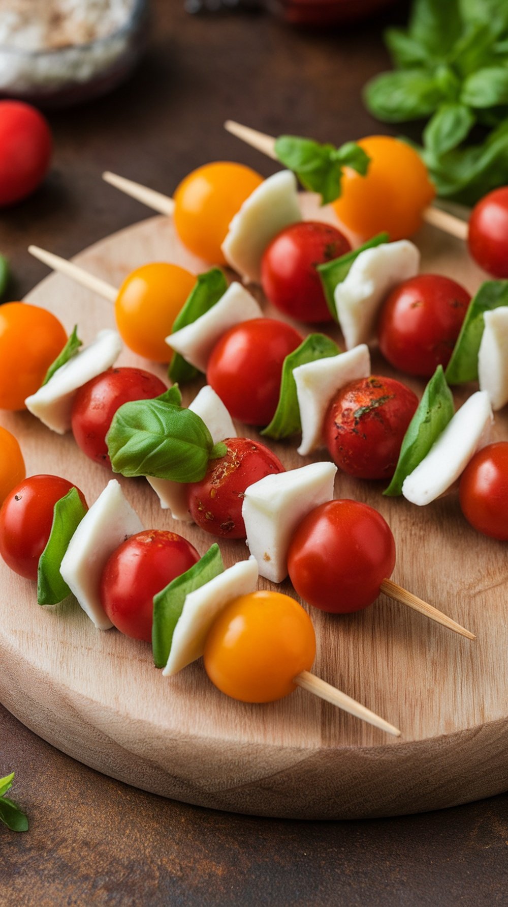 Caprese salad skewers with cherry tomatoes, mozzarella balls, and basil leaves on a wooden board.