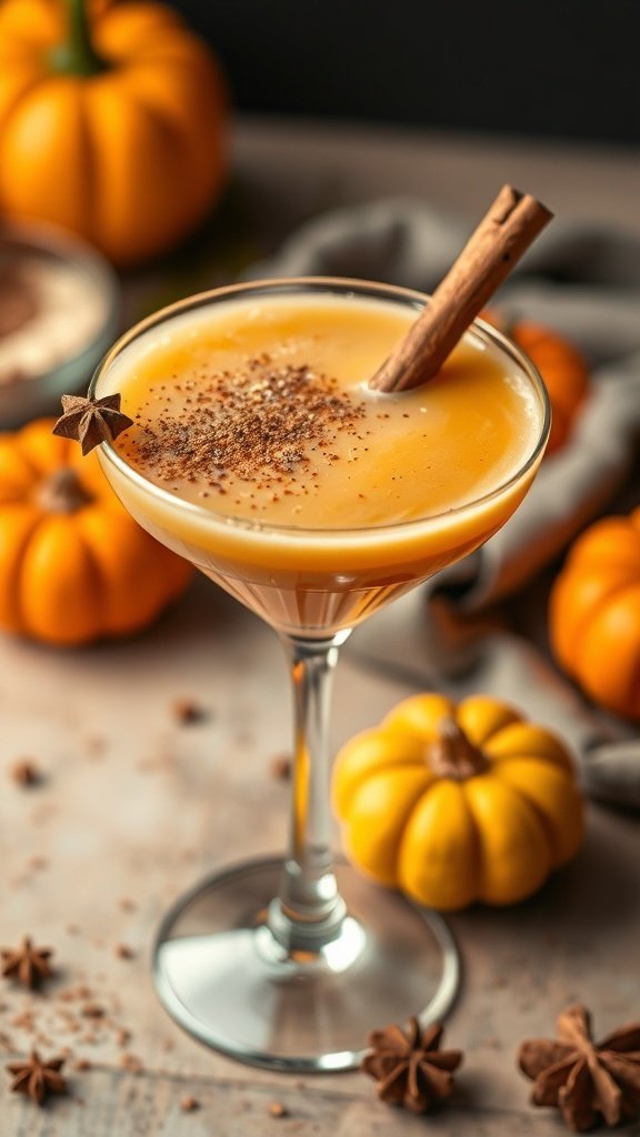 A spiced pumpkin martini garnished with a cinnamon stick and surrounded by small pumpkins.