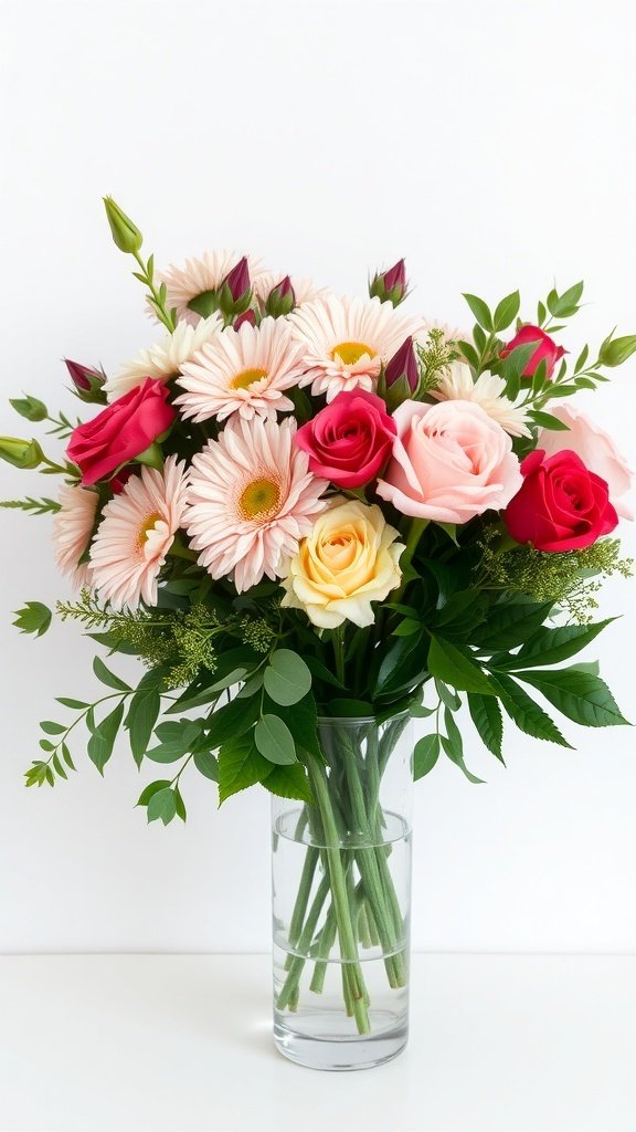 A traditional Thanksgiving bouquet featuring pink and red roses, daisies, and greenery in a clear vase.