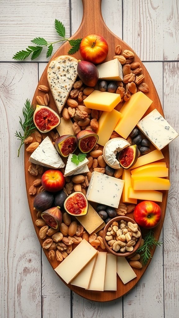 A beautifully arranged autumn harvest cheese board with various cheeses, fruits, and nuts.