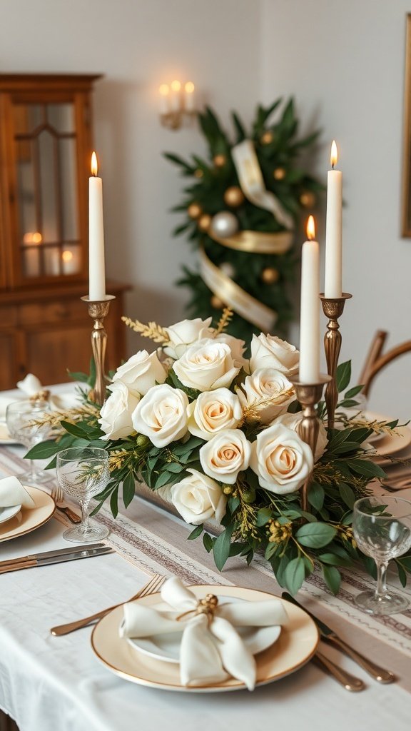 A beautiful Thanksgiving table setting featuring a white and gold floral centerpiece with roses and candles.