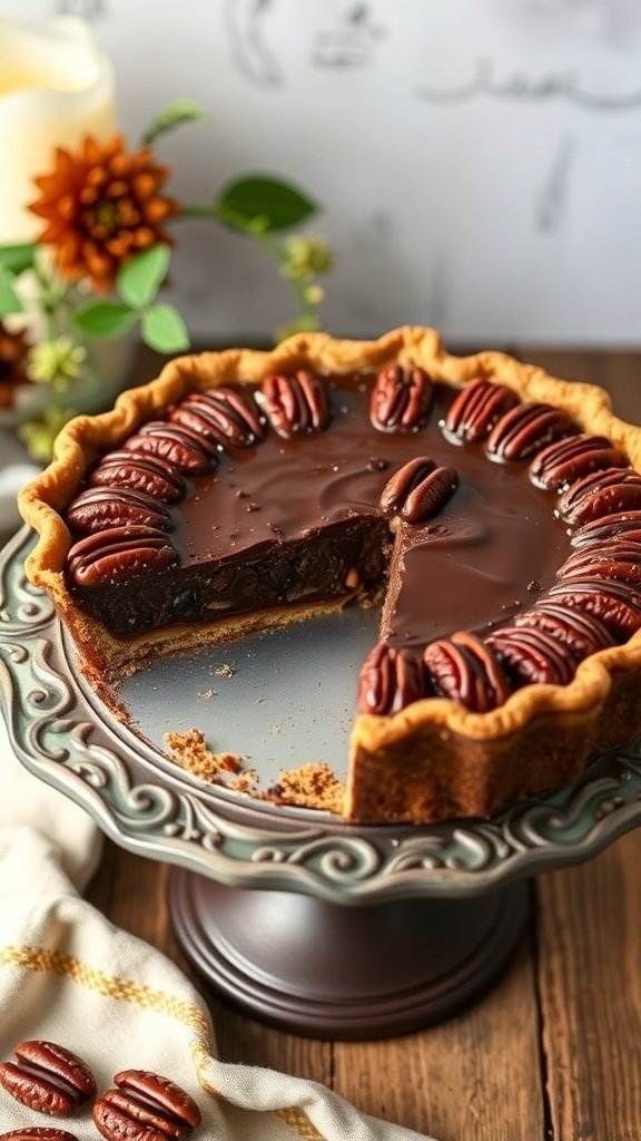 A delicious Chocolate Bourbon Pecan Pie with a slice taken out, garnished with pecans.