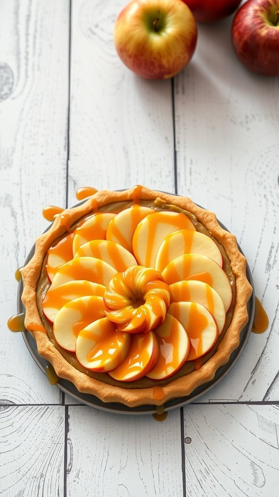 A caramel apple tart topped with sliced apples and drizzled with caramel sauce.