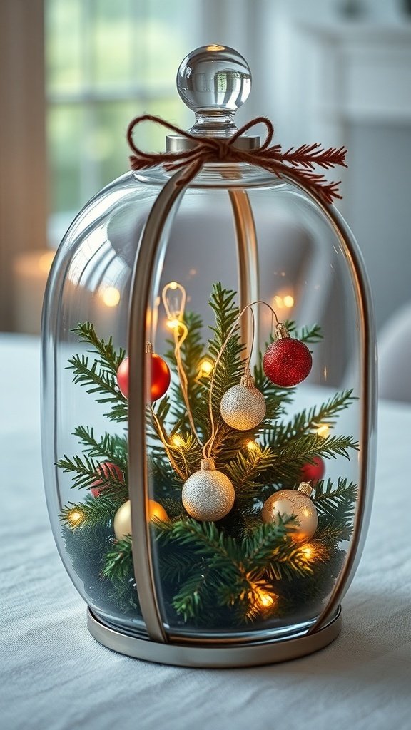 A glass terrarium with holiday greens, ornaments, and lights.