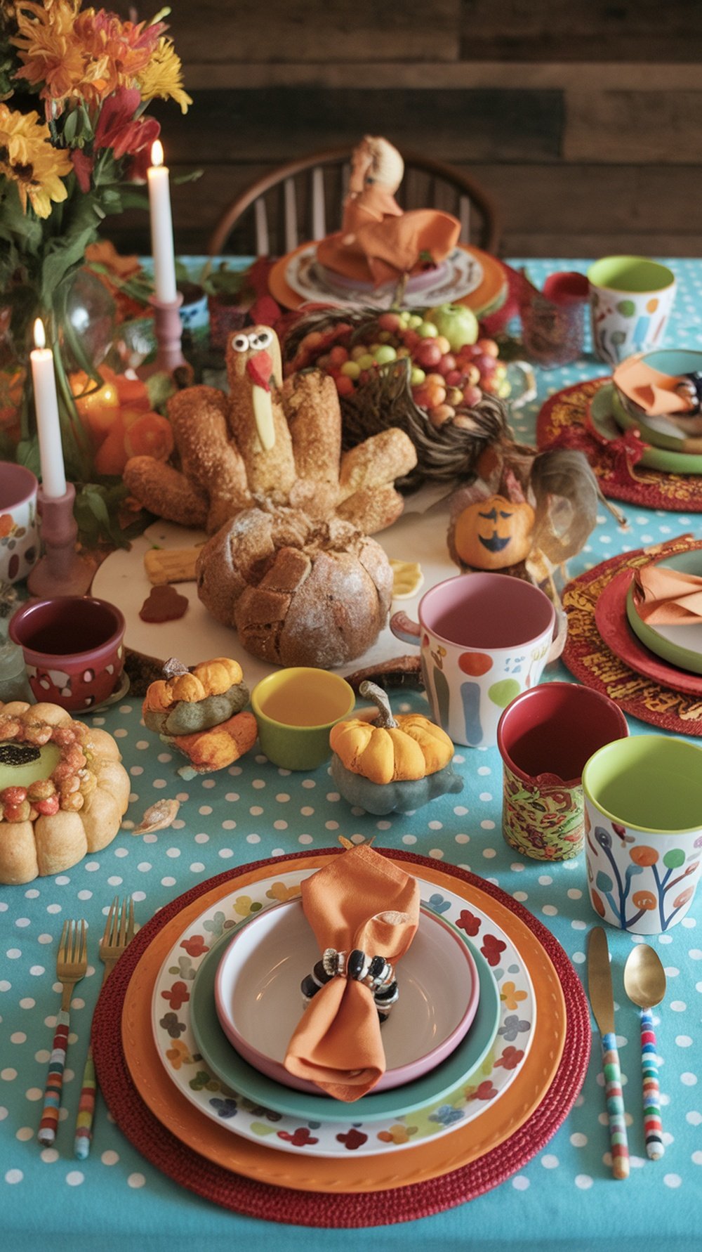 A whimsical Thanksgiving tablescape featuring colorful decorations, playful centerpieces, and unique tableware.