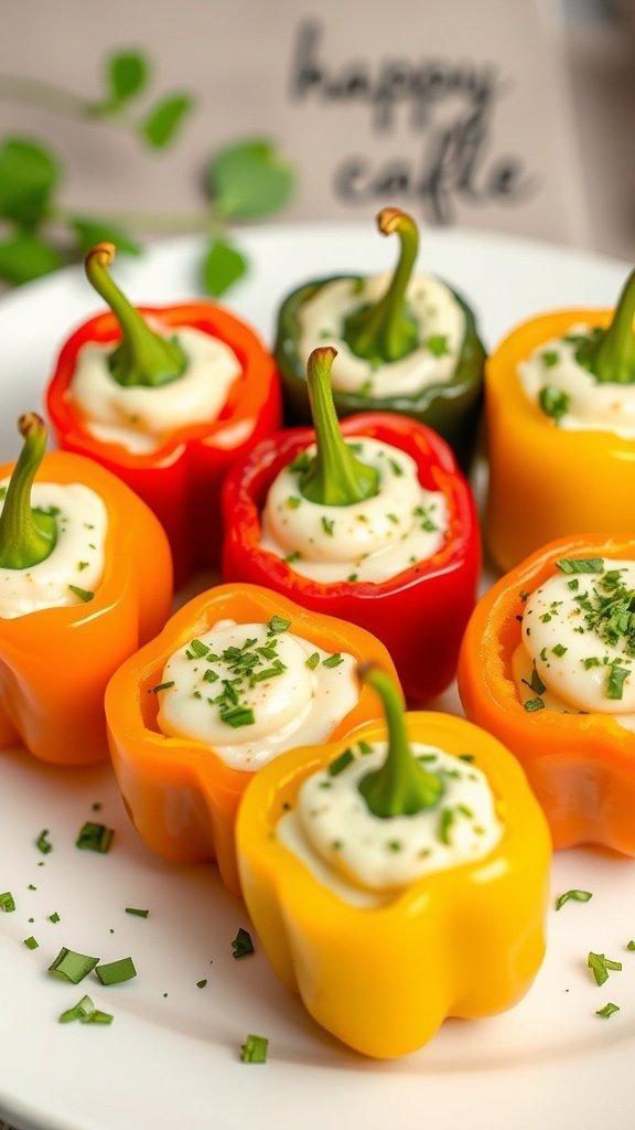 A plate of stuffed mini peppers filled with cream cheese and garnished with herbs.