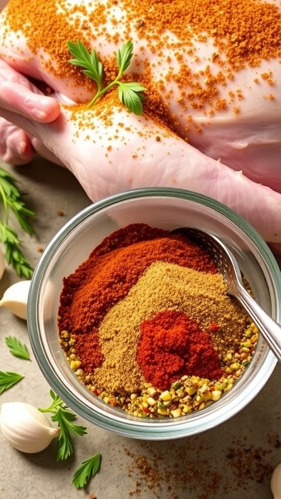 A bowl of turkey seasoning rub with herbs and spices, next to a raw turkey and fresh ingredients.