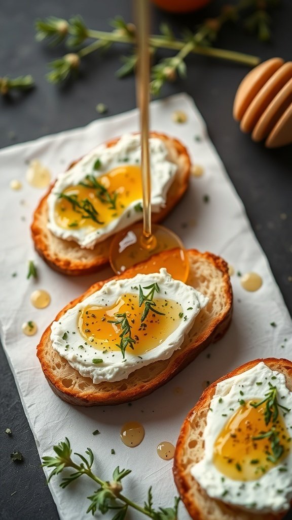 Herbed goat cheese crostini topped with honey and fresh herbs