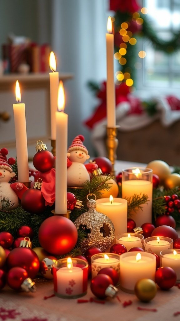 A festive Christmas centerpiece featuring candles and ornaments.
