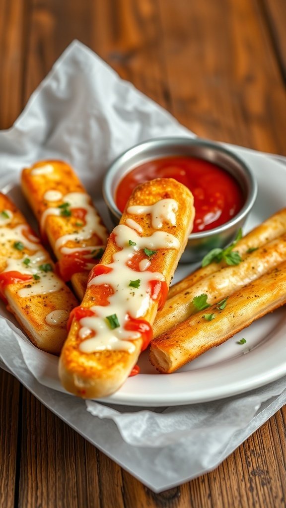 Cheesy garlic breadsticks served with marinara sauce