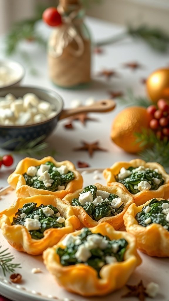 Savory spinach and feta puff pastry bites on a festive table