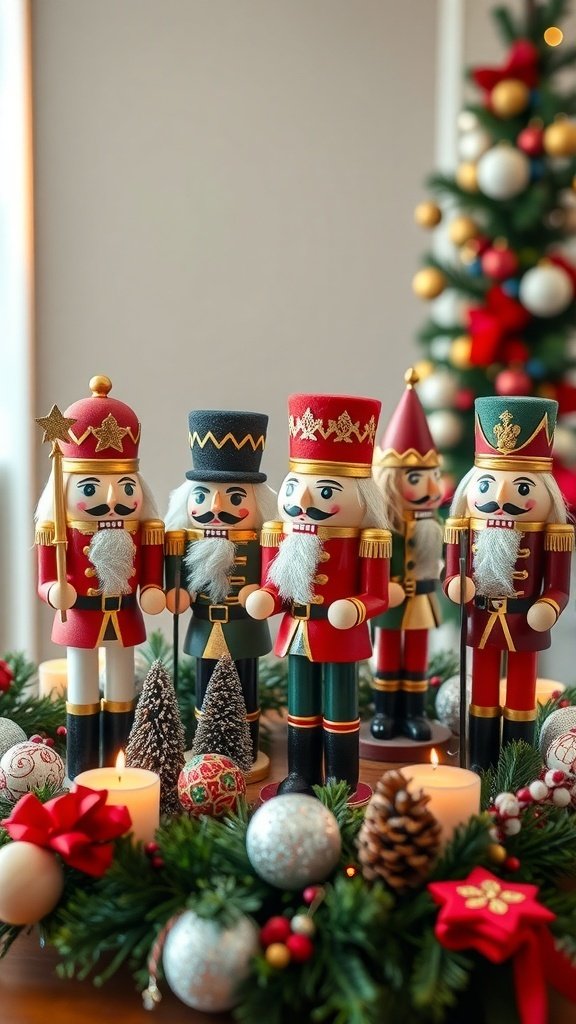 A festive Christmas centerpiece featuring colorful nutcracker figurines, candles, and ornaments.