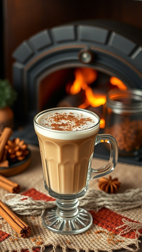 A cozy Cinnamon Spice White Russian cocktail with cinnamon stick garnish, set against a warm fireplace backdrop.
