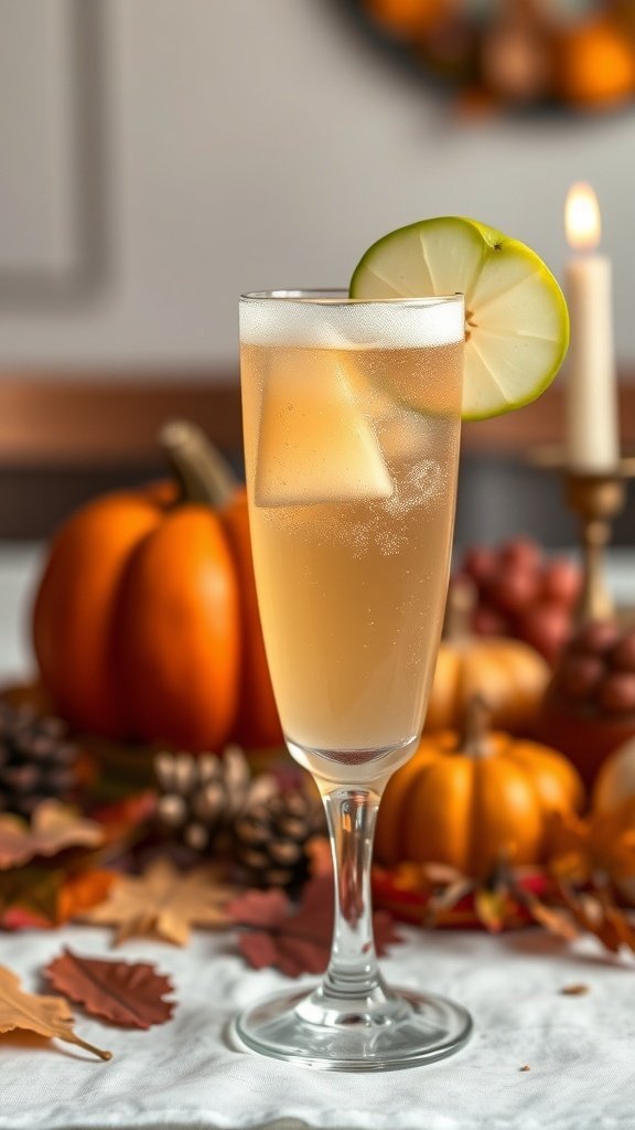 A glass of Ginger Pear Fizz cocktail with a slice of pear on the rim, surrounded by autumn decorations.