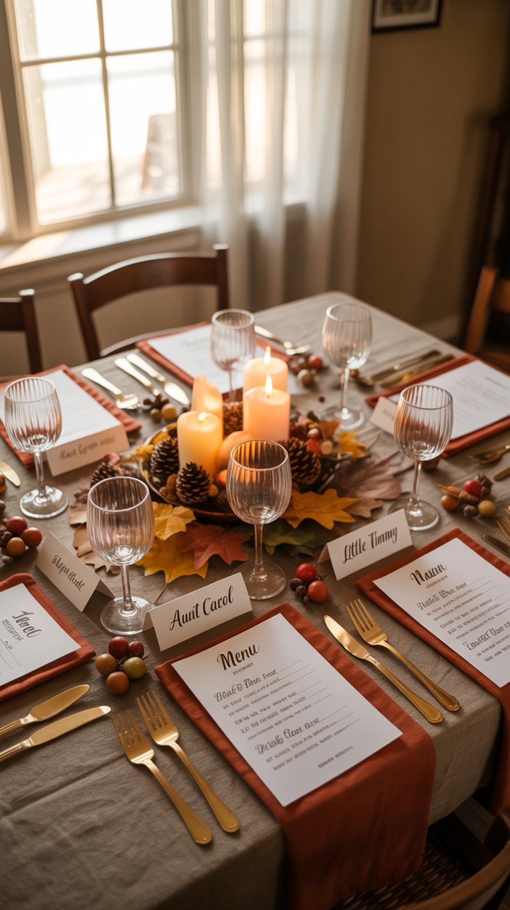 Thanksgiving table setting with interactive place settings, including word search and decorations.