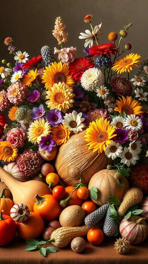 A vibrant cornucopia filled with flowers and seasonal fruits for Thanksgiving.