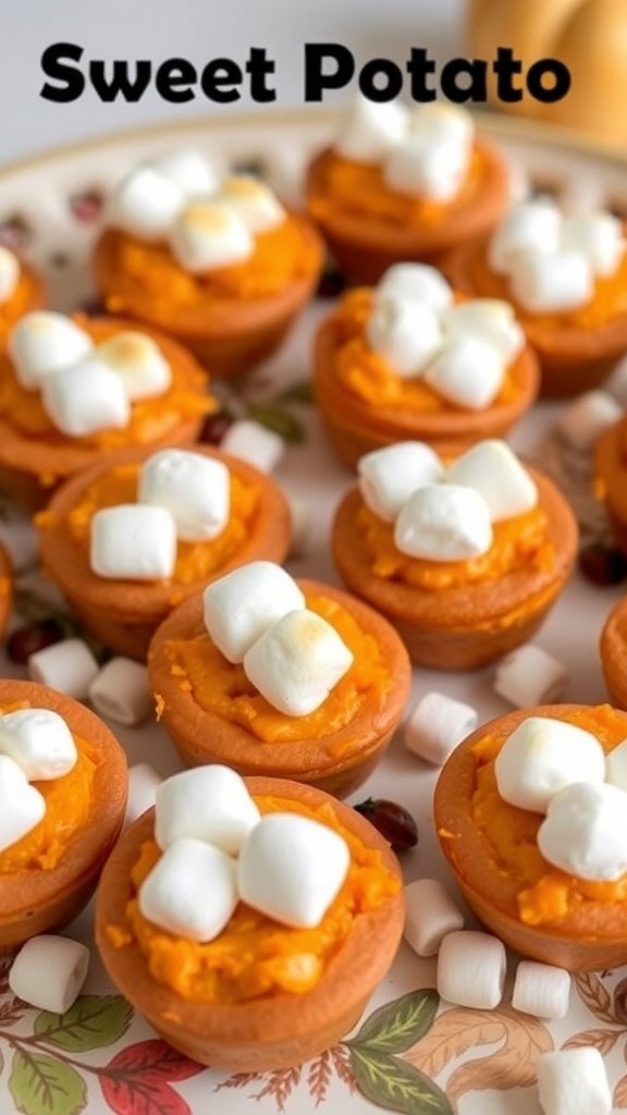 Sweet potato casserole bites topped with marshmallows on a decorative plate.