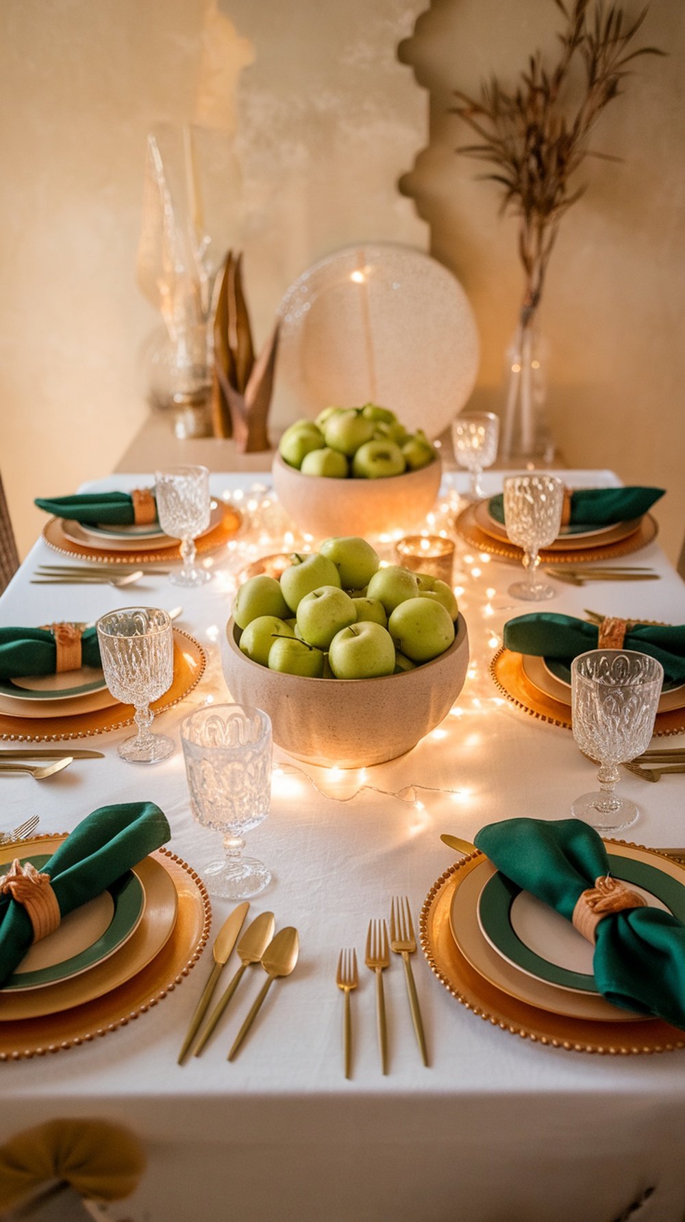 A beautifully set Thanksgiving table with green apples, elegant tableware, and soft lighting.