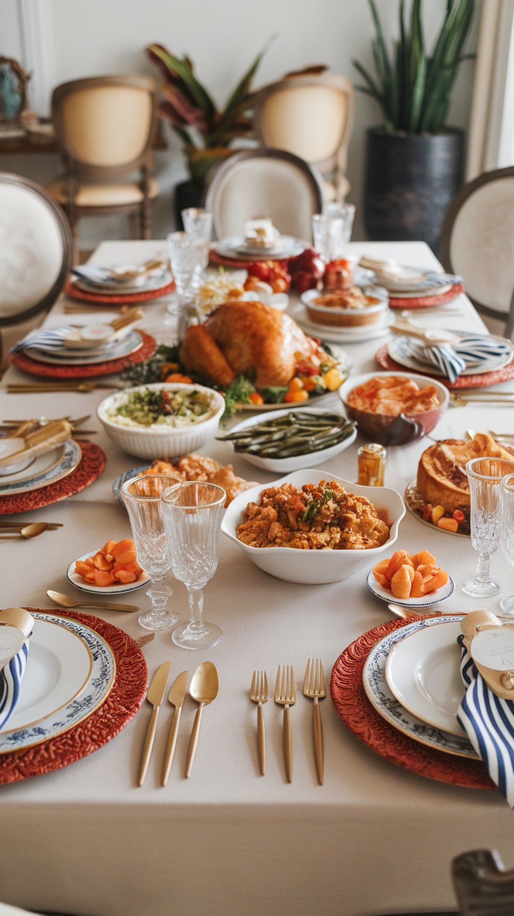 A beautifully set Thanksgiving table with a neutral tablecloth, elegant dishes, and festive decorations.