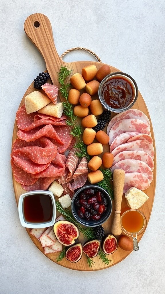 A beautifully arranged Thanksgiving charcuterie board featuring various meats, cheeses, and spreads.