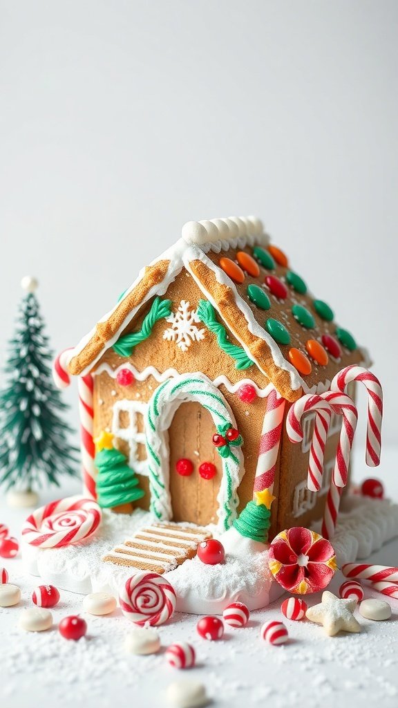 A decorated gingerbread house surrounded by candy and small trees.