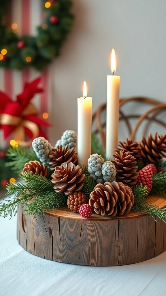Rustic wood centerpiece with pinecones and candles